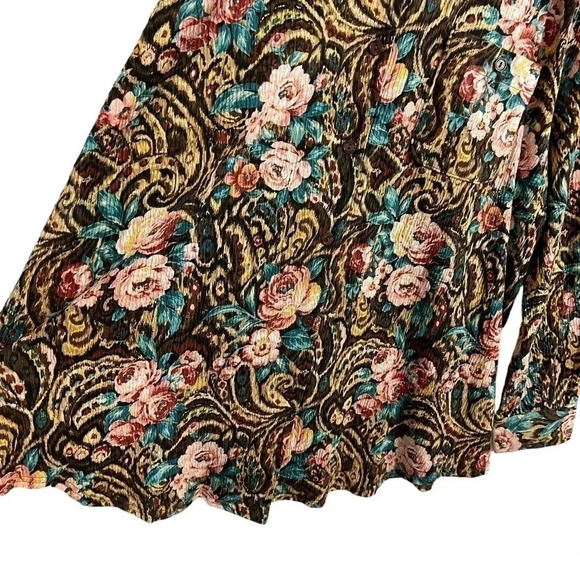 Roamans Floral Rose Button Up Blouse 1X Front Pocket Swirls Long Sleeve Stretch - Picture 5 of 8